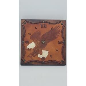 Wood and Tooled Leather Wall Clock Eagle Bird Vintage Retro Man Cave Biker brown